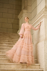 Naomi Plunge Neck Long Sleeves Ruffled Princess Dress